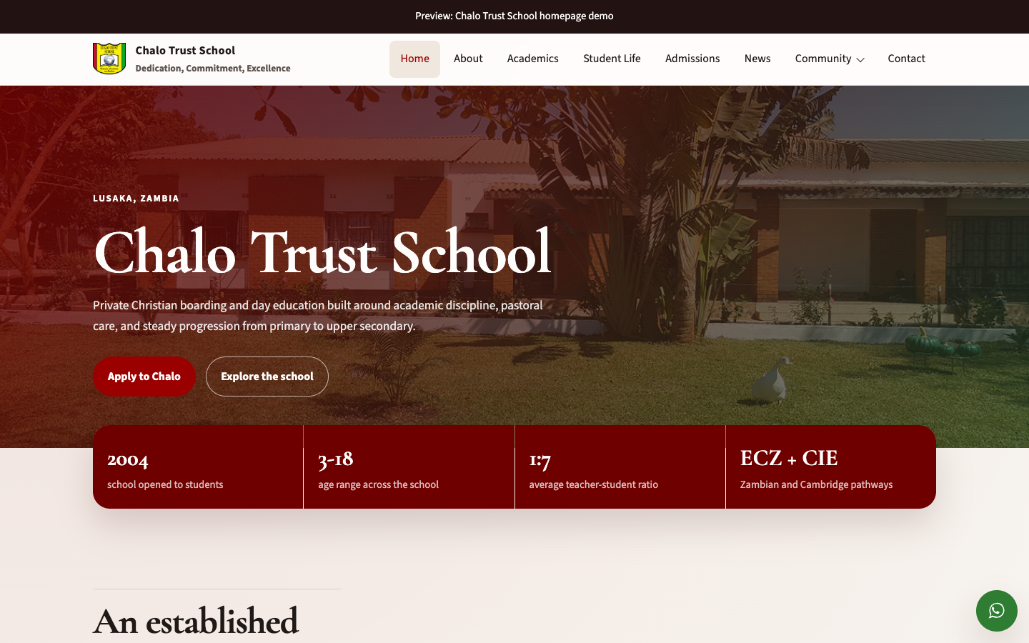 Chalo Trust School concept homepage shown at desktop width