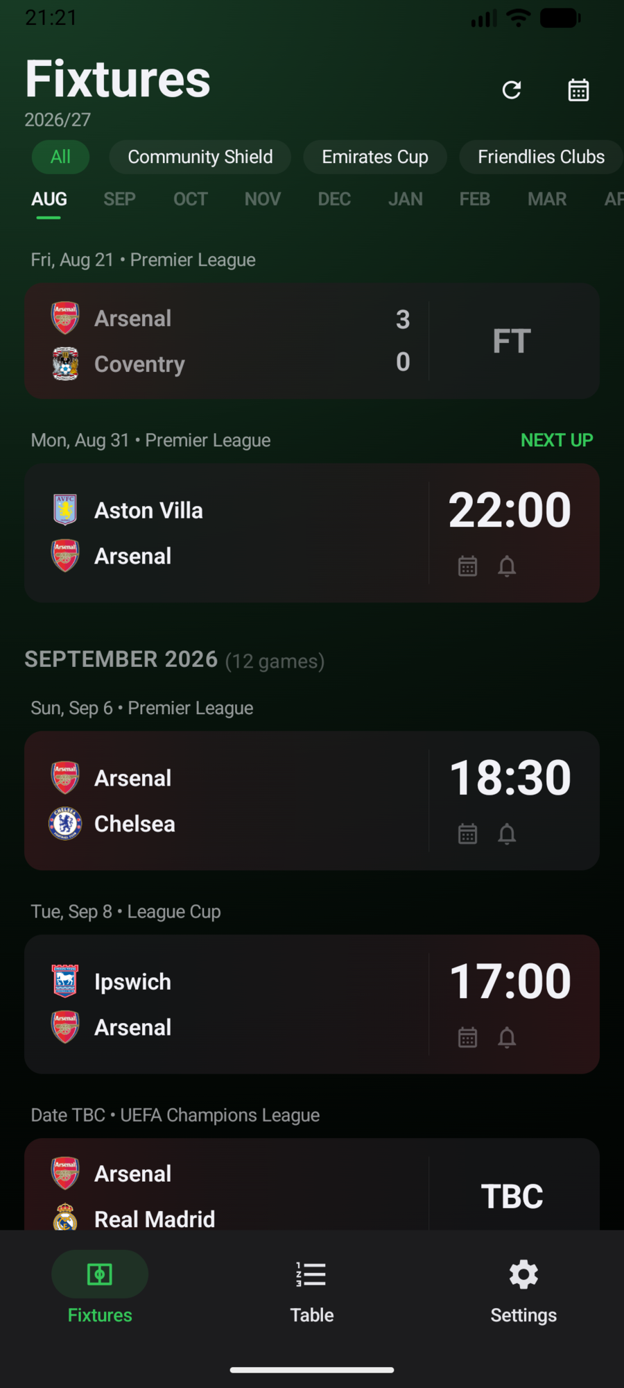 The same FootyMate fixtures screen running on Android, matching the iPhone layout and behavior