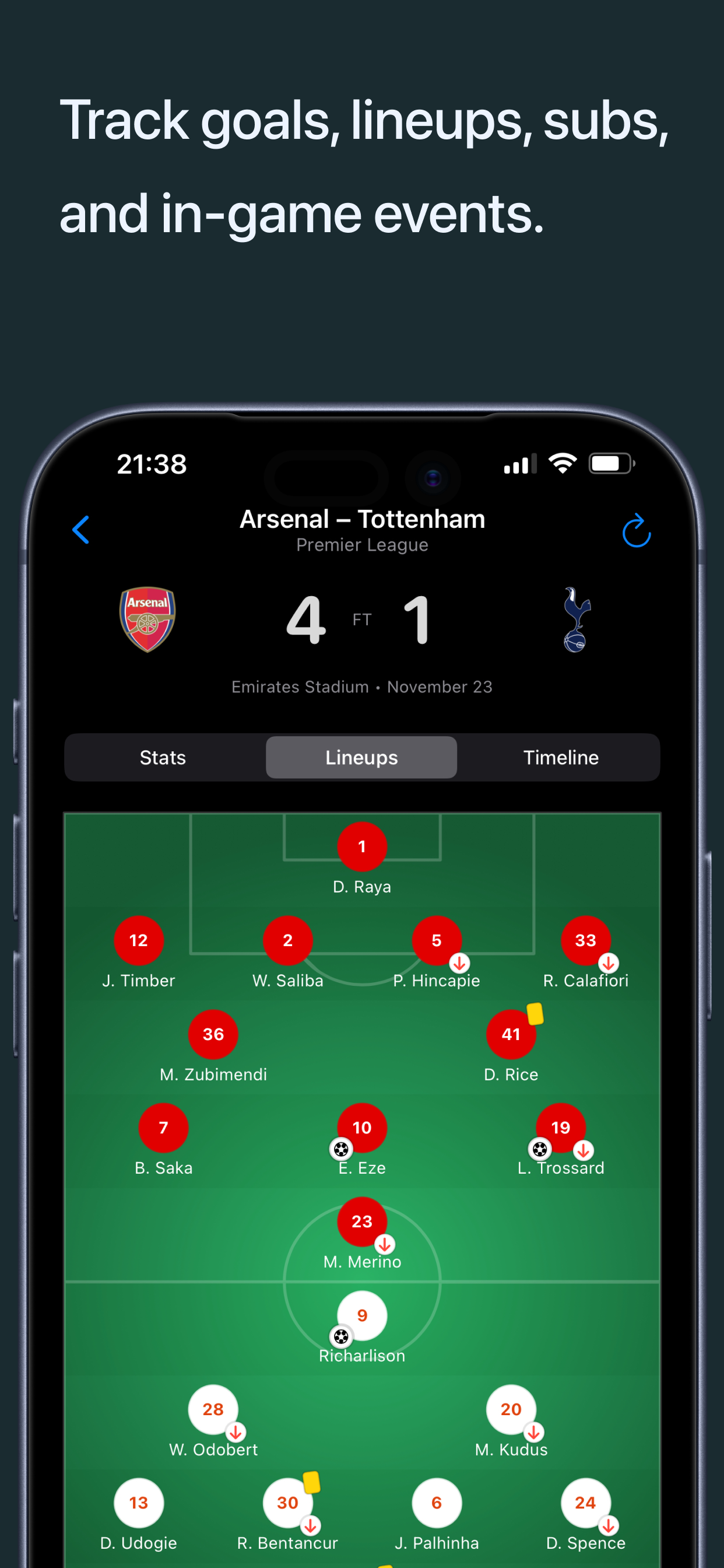 FootyMate lineup screen showing players on the pitch
