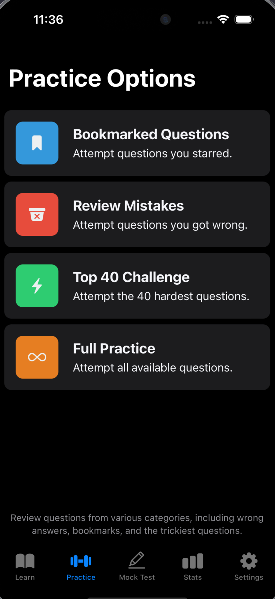 DriveTrain practice options screen on iPhone, listing bookmarked questions, review mistakes, the top 40 challenge, and full practice