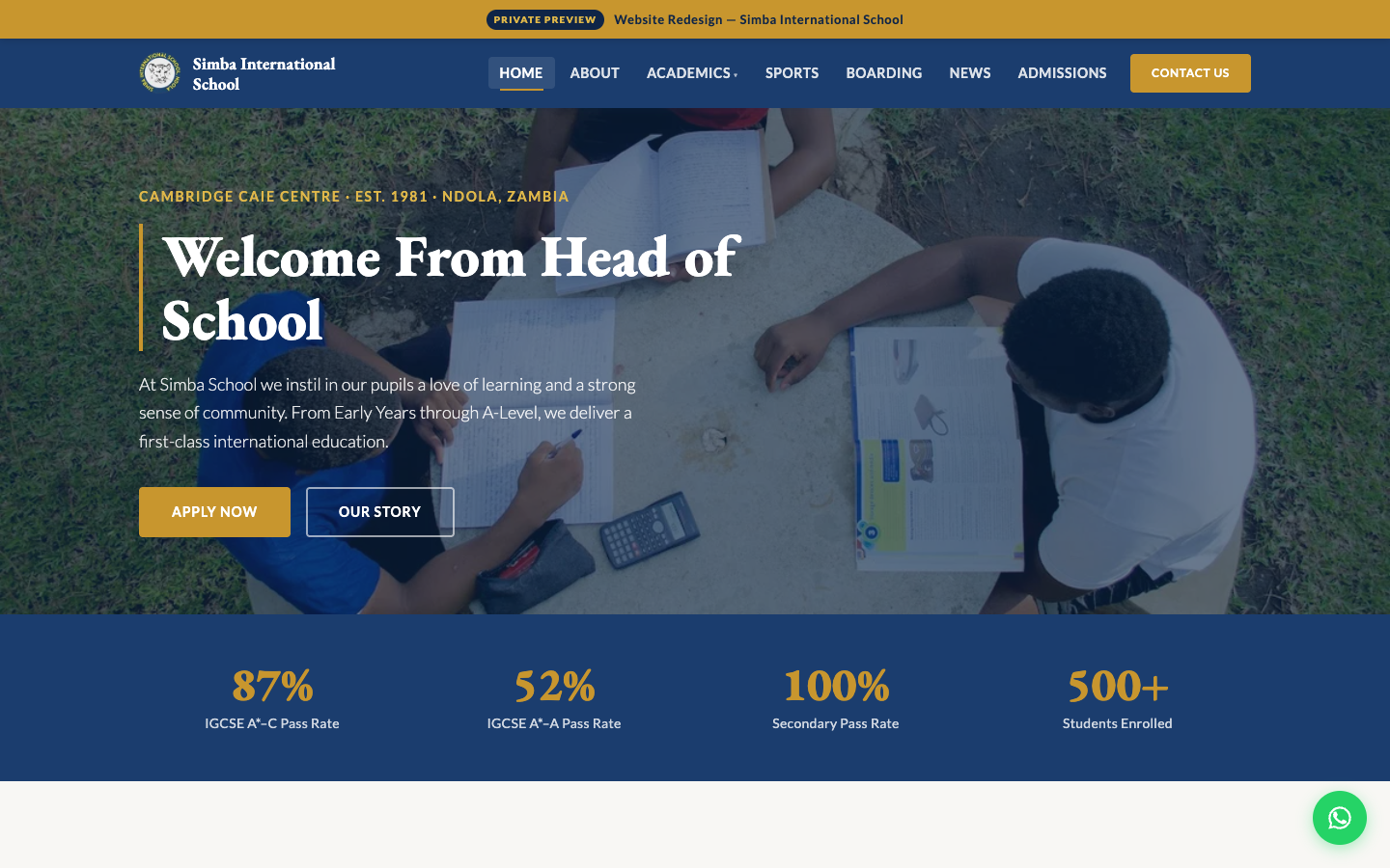 Simba International School concept homepage shown at desktop width